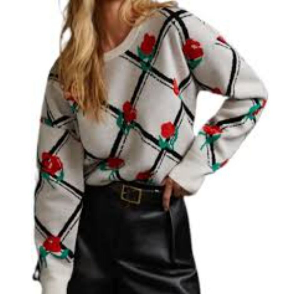 Maeve Cream Rose Grid Knit Sweater with Red & Green Floral Accents
